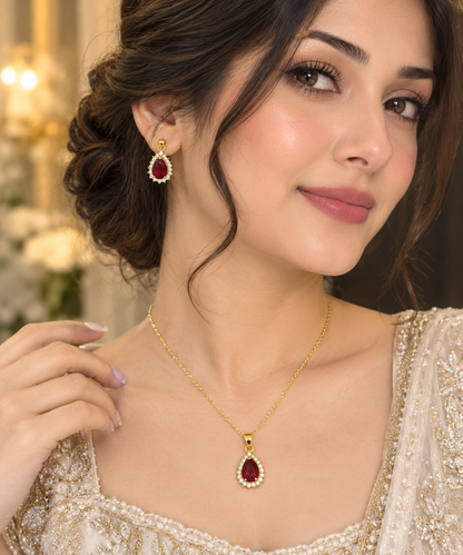 Royal and Luxury Red Teardrop Cubic Zirconia Set For Beautiful Women's Only