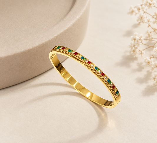 Rainbow Gemstone Gold Bangle - With Multi Color Royal Gems - High-Quality Stainless Steel