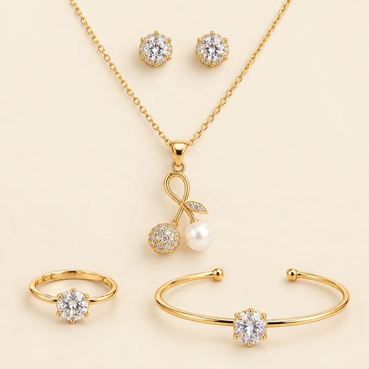 5-Piece Golden Charm Jewelry Set with Pearl Pendant - Luxury Gold Pearl Jewelry Set for Women