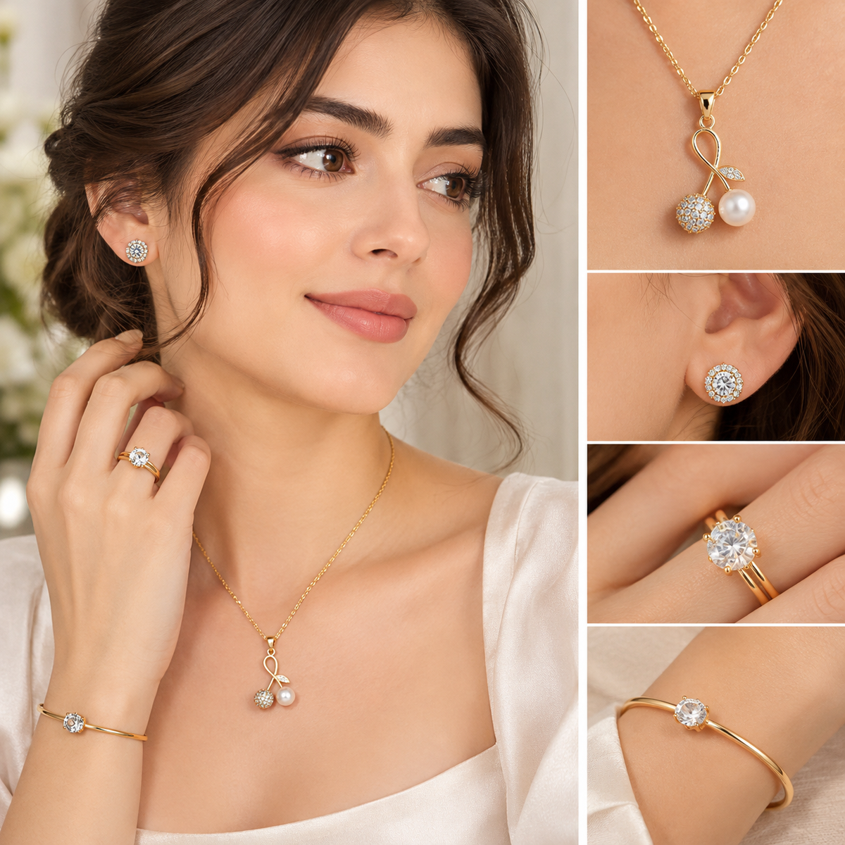 5-Piece Golden Charm Jewelry Set with Pearl Pendant - Luxury Gold Pearl Jewelry Set for Women