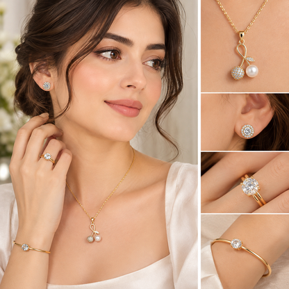 5-Piece Golden Charm Jewelry Set with Pearl Pendant - Luxury Gold Pearl Jewelry Set for Women