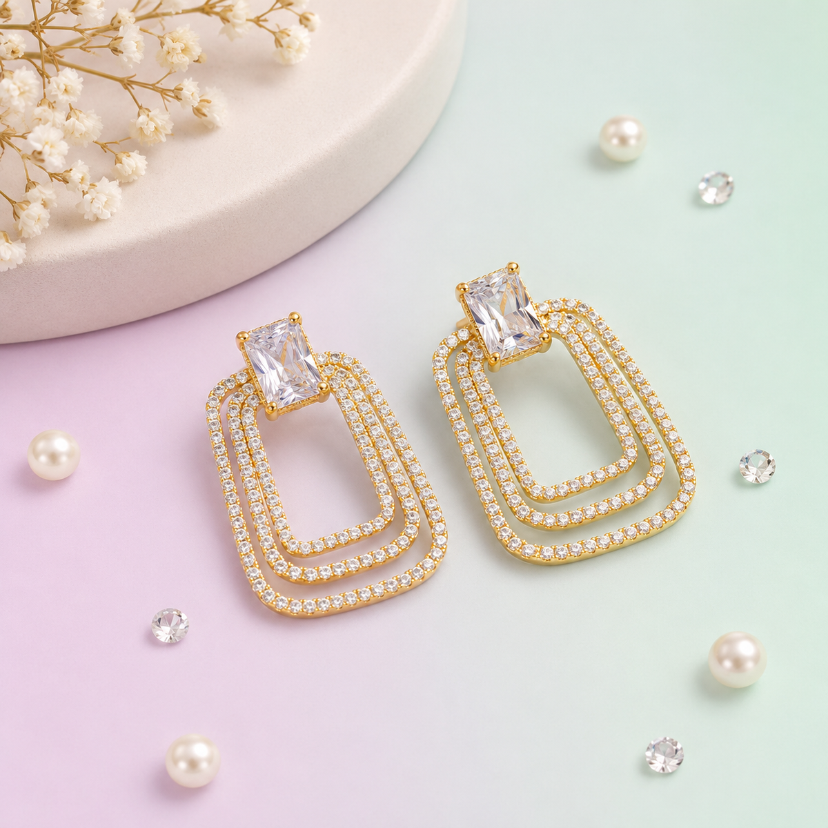 Daisy Luxe Halo Earrings – Luxury Triple-Layer Crystal Rectangle Drop Earrings for an Elegant, Glamorous Look