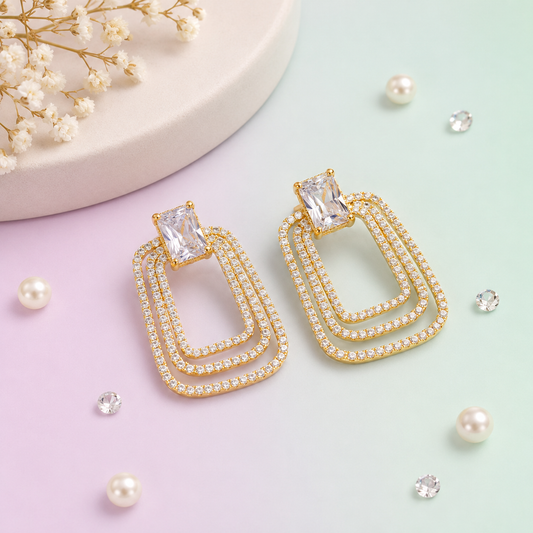 Daisy Luxe Halo Earrings – Luxury Triple-Layer Crystal Rectangle Drop Earrings for an Elegant, Glamorous Look