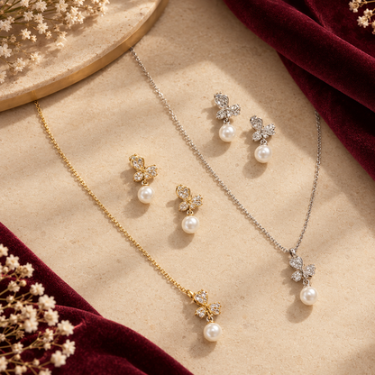 Butterfly Pearl Pendant Jewelry Set – Elegant Necklace & Earrings for Women