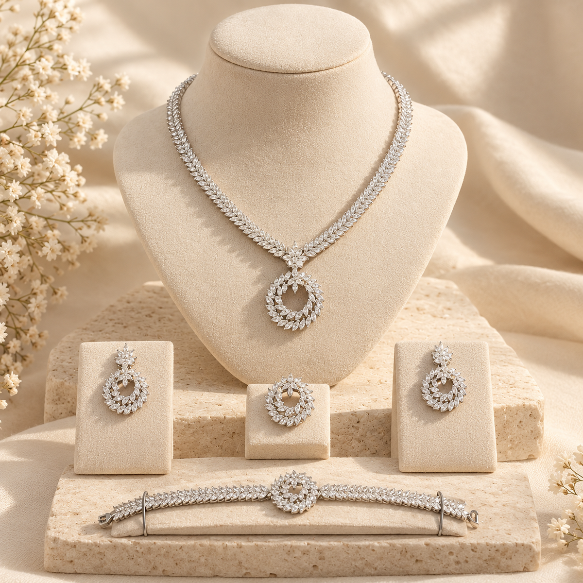 Leaf Circle Jewelry Set- Royal And Luxury Silver Set - Premium Appearens