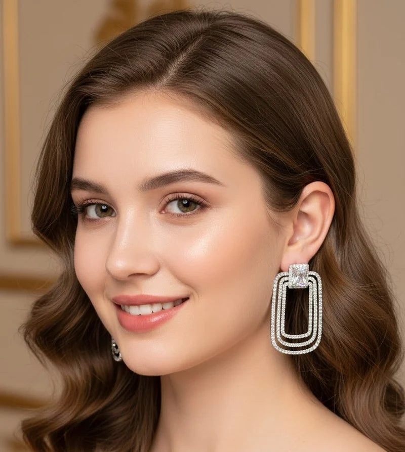 Daisy Luxe Halo Earrings – Luxury Triple-Layer Crystal Rectangle Drop Earrings for an Elegant, Glamorous Look