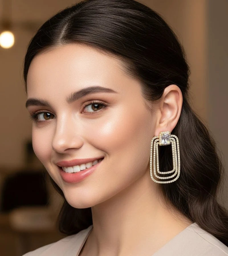 Daisy Luxe Halo Earrings – Luxury Triple-Layer Crystal Rectangle Drop Earrings for an Elegant, Glamorous Look
