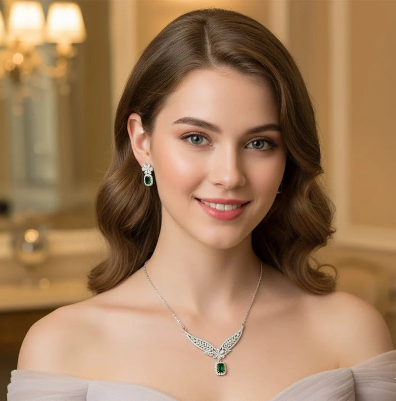 Luxury Green Crystal Leaf Jewelry Set for Women – Elegant Silver-Tone Necklace and Matching Earrings with Sparkling Floral Accents