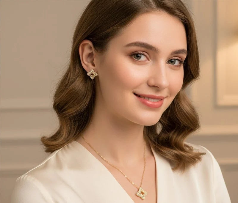 Elegant Quatrefoil Jewelry Set – Geometric Necklace & Earrings for Women