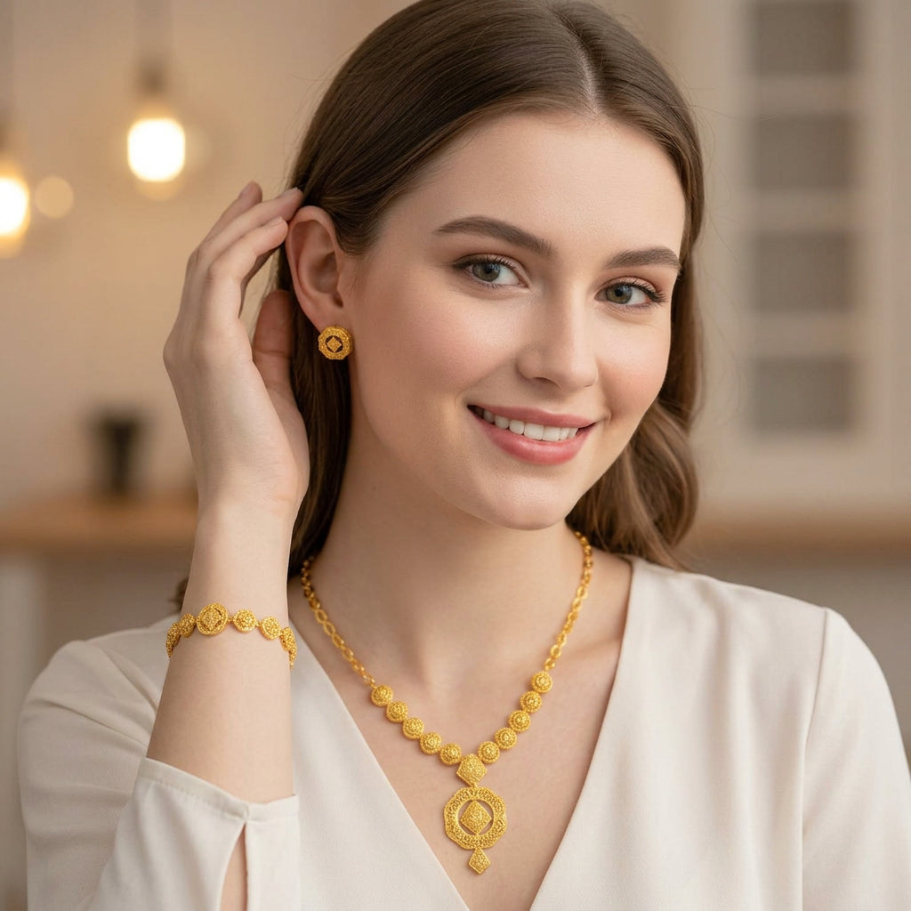 Luxury Gold-Plated Filigree Jewelry Set – Necklace, Bracelet & Earrings