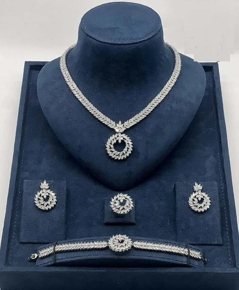 Leaf Circle Jewelry Set- Royal And Luxury Silver Set - Premium Appearens