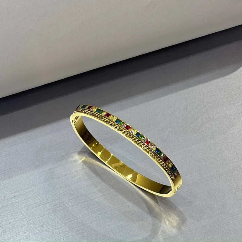 Rainbow Gemstone Gold Bangle - With Multi Color Royal Gems - High-Quality Stainless Steel