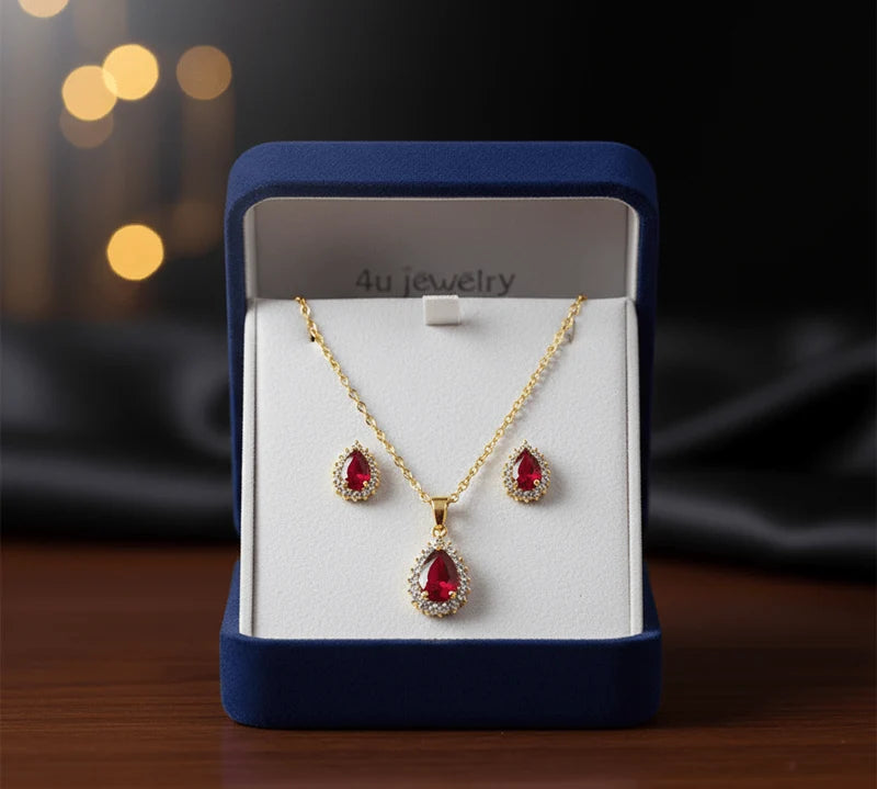 Royal and Luxury Red Teardrop Cubic Zirconia Set For Beautiful Women's Only