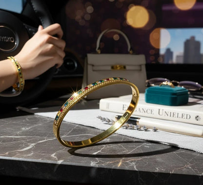 Rainbow Gemstone Gold Bangle - With Multi Color Royal Gems - High-Quality Stainless Steel