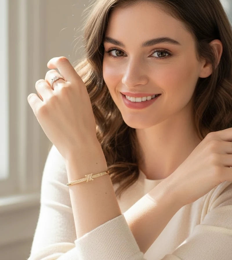 Gold Platted & Luxury  LV-Inspired Crown Bangle & Ring Set - Premium Appearance