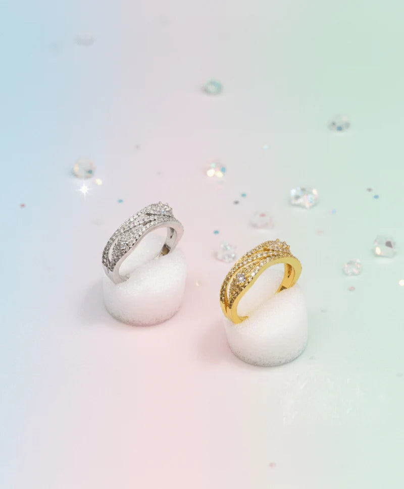 Luxury Wave Crystal Ring for Women – Elegant Multi-Row Sparkling Stones with a Modern Gold & Silver Finish