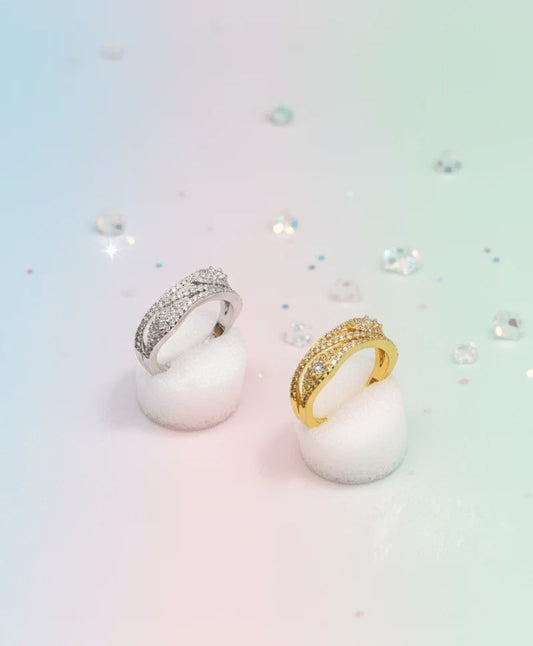 Luxury Wave Crystal Ring for Women – Elegant Multi-Row Sparkling Stones with a Modern Gold & Silver Finish